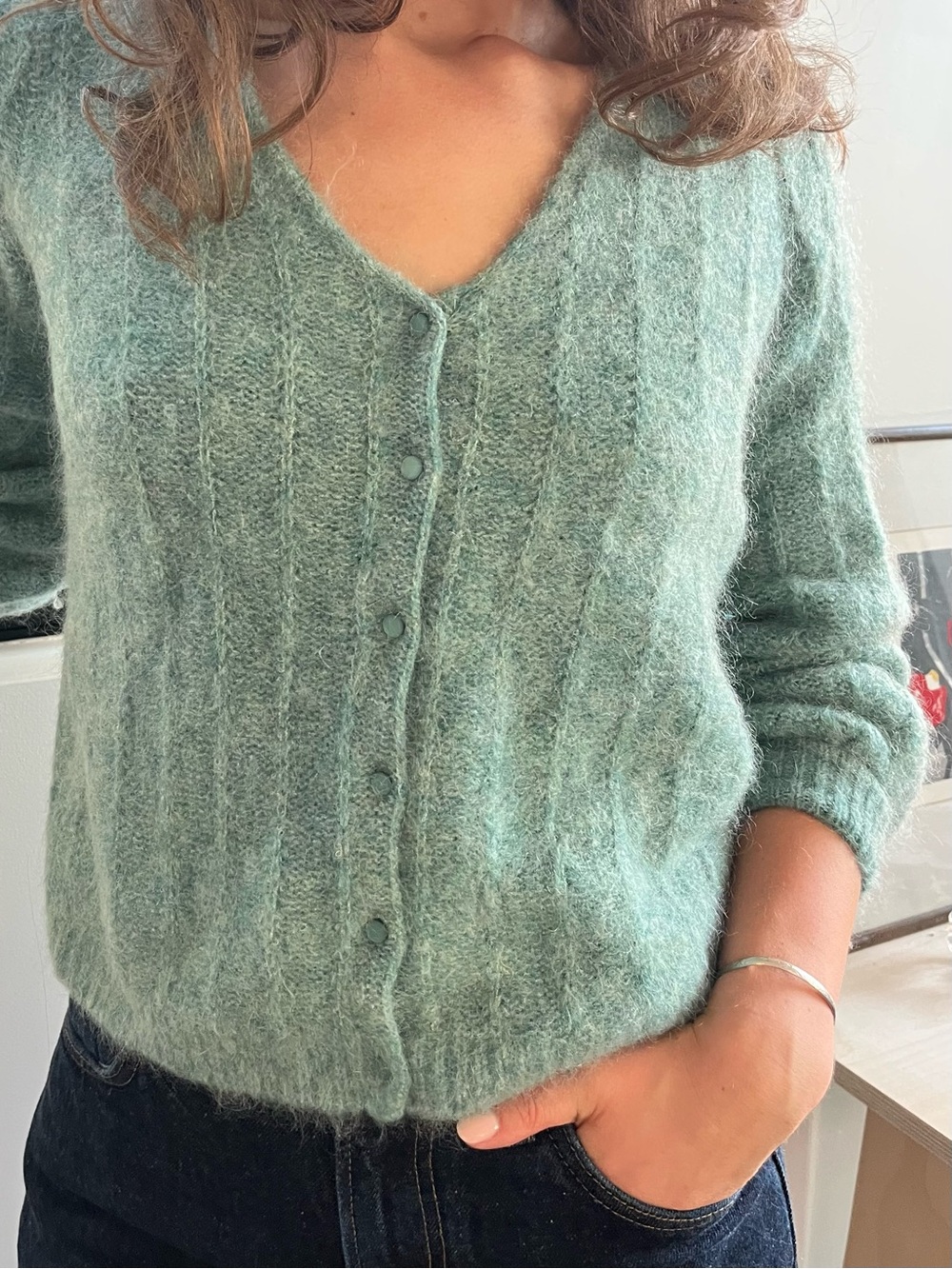 Sezane V-Neck Mohair Blend Button-Front Cardigan Sweater, Sage Green, Size Small